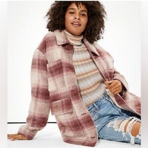 American Eagle Outfitters Plaid Teddy Jacket in Pink and Cream SIZE SMALL